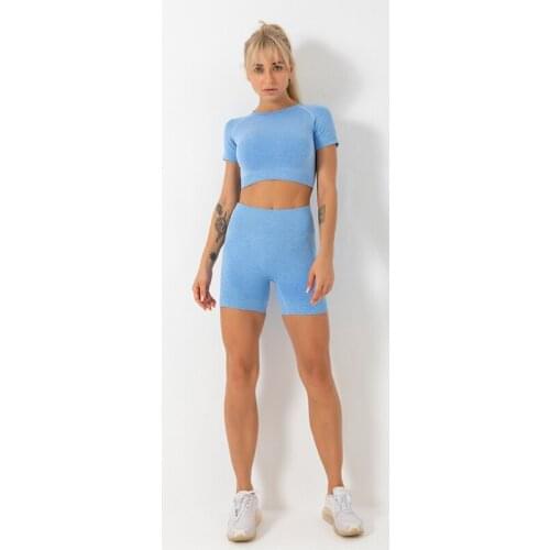 Fashion Knitted Sleeve Crop Top And Shorts 2 Piece Gym Supper Stretchy Seamless Yoga Set Women