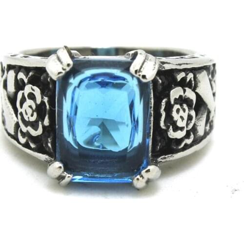 Blue Crystal Stone Fashion Women Rose Cross Ring 316L Stainless Steel Men Boys Polishing Cocktail Biker Ring