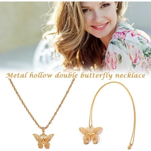Newly Double Layers Butterfly Necklaces Pendants Woman Chokers Collar Water Wave Chain 24K Yellow Gold Filled Necklace Jewelry