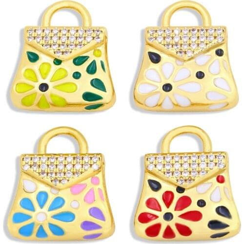 OCESRIO 18K Gold Plated Brass CZ Women Mini Tote Hand Bag Charms for Necklace Bracelets Making Purses Enamel Pendant DIY pdta354