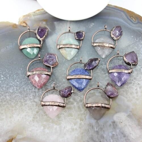 Drop Shape Amazonite/Aventurine/Amethysts Faceted Pendant,Teardrop Natural Quartz Crystal Antique Brass Necklace DIY Jewelry