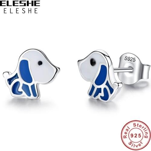 Real 925 Sterling Silver Stud Earrings for Women Girls Kids Blue Enamel Dog Animal Cute Earrings Authentic Silver Jewelry