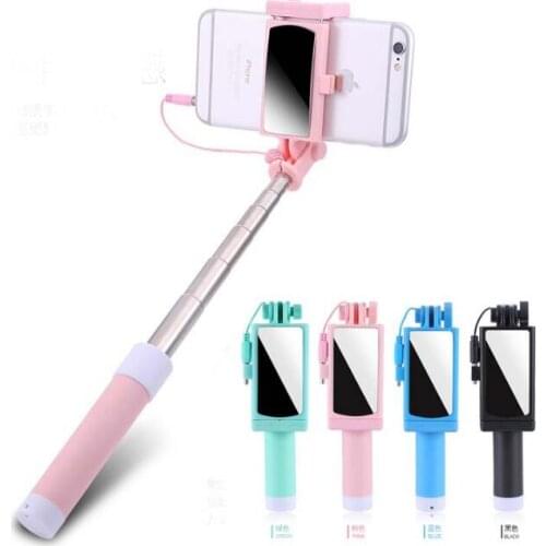 Retail Box) Mini Extendable Wired Selfie Stick Cable Mirror Autodyne Artifact For iPhone OPPO Huawei Samsung SmartPhone