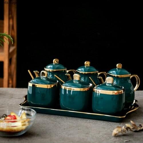 Northern European Green Ceramics Sugar Bowl Salt MSG Seasoning Tank Oil Can Seven-piece Set Household Seasoning Set Kitchen Tool