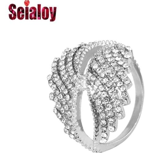 Seialoy Guardian Angel Wings Rings For Women Girls Engagement Crystal Silver Color Ring Lovers Couple Family Wedding Gift
