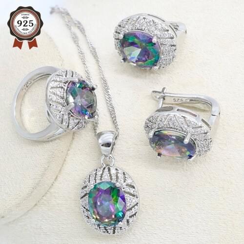 Silver Color Jewelry Set for Women Rainbow Cubic Zirconia Hoop Earrings Necklace Pendant Ring Party Birthday Gift