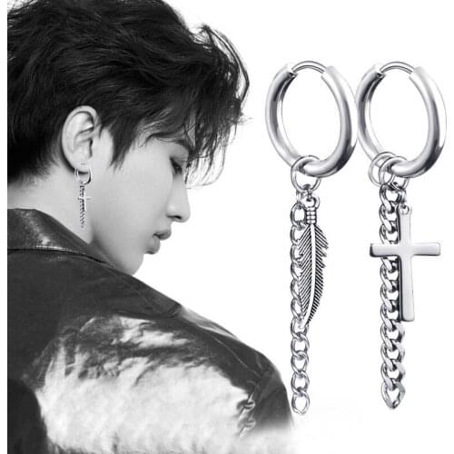 1Pair Stainless Steel Stud Earrings for Men Women Cross Pendant Long Tassel Chain Unisex Hoop Earrings Punk Gothic Metal Jewelry
