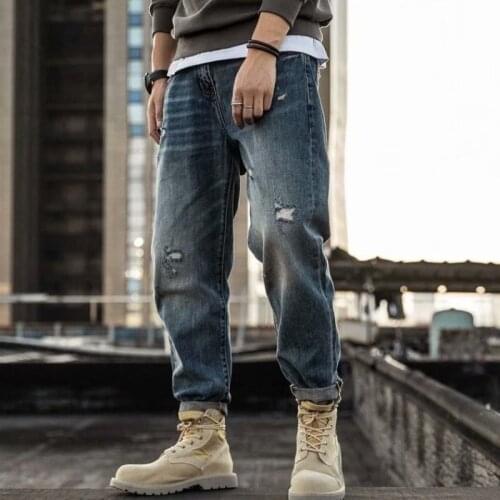 Spring Autumn 2021 blue Denim jeans loose straight Casual street retro washed casual pants mens worn-out loose trousers