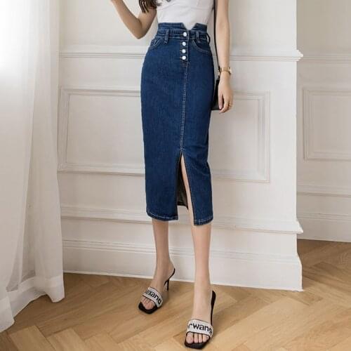 Korean Fashion Slim Midi Pencil Skirt Woman Summer 2021 Office Lady Split Chic Elegant Denim Skirts For Women Faldas Mujer