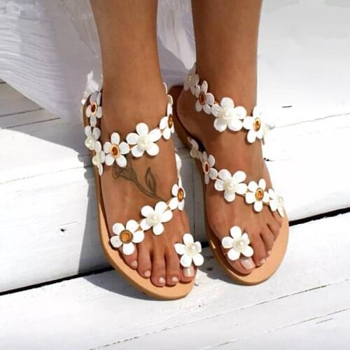 Women Shoes Summer 2020 Bohemia Floral Beach Sandals Wedge Platform Thongs Slippers Flower Pearl Flip Flops Zapatos De Mujer