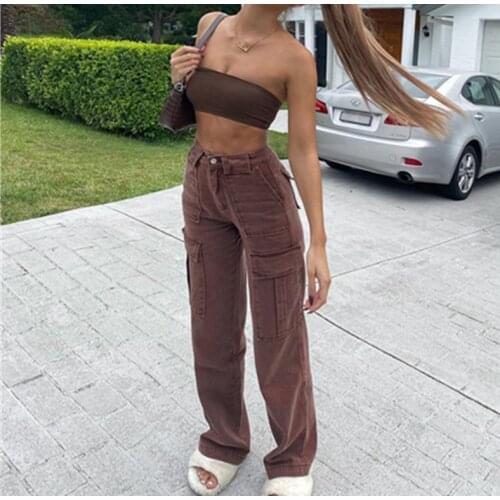 2021 Brown Vintage Baggy Jeans Women 90s Streetwear Pockets Wide Leg Cargo Pants Y2K High Waist Straight Denim Trousers