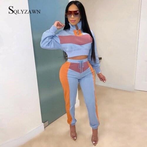 Two Piece Sweat Sport Tracksuit Women Color Block Patchwork Long Sleeve Shirt and Trouser Pants Matching Casual Uniform Outfits