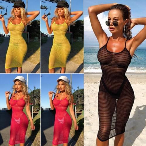 Hot 2019 Womens Bikini Long Cover Up Beach Dress Cardigan Mesh Summer Beach Transparent Dress Solid Color HOT SALE