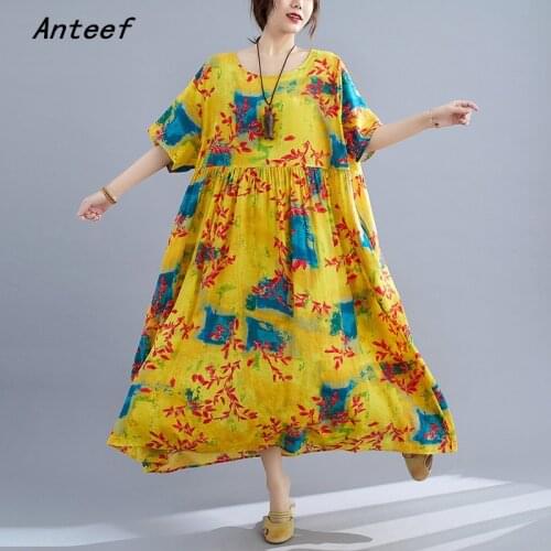 Short sleeve cotton vintage floral dresses for women casual loose long woman summer dress elegant clothes 2021