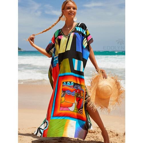 2021 Multicolored Kaftan Bohemian Printed V-neck Batwing Sleeve Street Wear Maxi Dress Women Beach Wear Swim Suit Cover Up Q1342