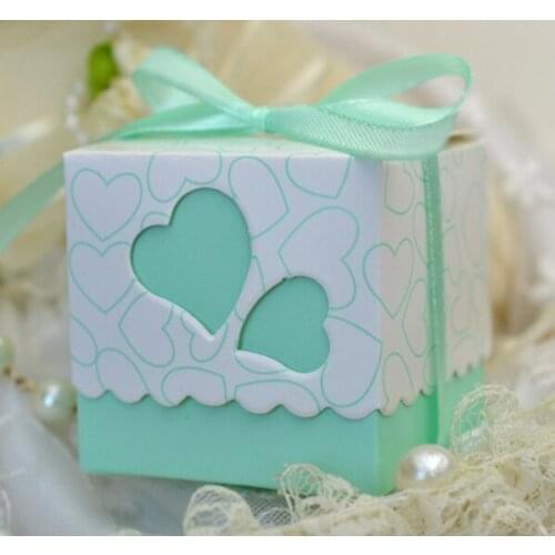 90 x European Style Mint Green / Pink / Purple Square Wedding Favors Heart Bomboniera Candy Boxes Gift Boxes With Ribbons