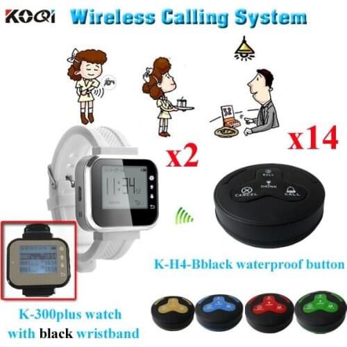 Wireless Call Bell System 14 Waterproof Guest Call Button Restaurant Table Buzzer & 2 Pager Watch