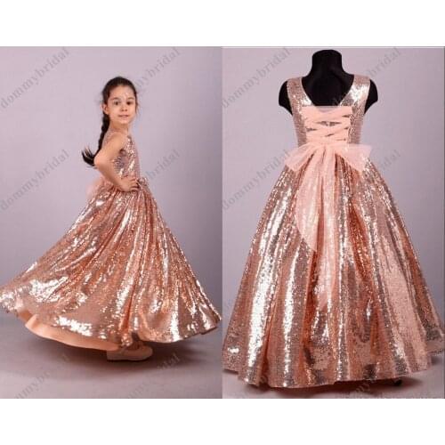Glitter Rose Gold Sequined Aline Toddler Infant Girls Pageant Prom Formal Dresses For 7-16 Toddler Kids Juniors Corset 2021 New
