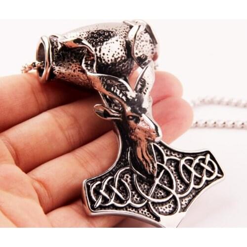 Large Heavy 45*76mm Popular Personality Biker sheep Thor Hammer Pendant 316L Stainless Steel Vintage Rolo Chain Men Necklace