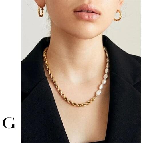 GHIDBK 2020 Fashion Natural Freshwater Pearls Faceted Instruction Cable Chain Chokers Necklaces for Women Street Style Jewelry