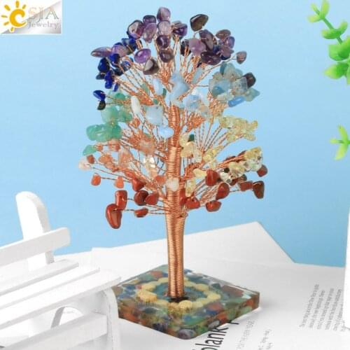 CSJA 7 Chakra Natural Crystal Tree of Life Money Tree With Agate Slices Resin Base Reiki Tumbled Stone Fengshui Home Decor G814