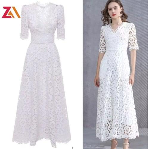 Designer runway party evening wedding maxi dresses for women v-neck lace up hollow out white high waist summer dress vestidos