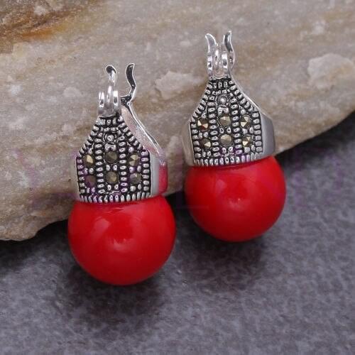 Earring fashion ladies Round Red Natural Stone Bead Vintage 925 earrings female non pierced rosesWomen Party