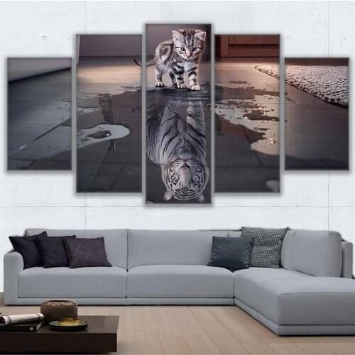 5 Panel Animal Cat And Tiger New Cuadros Modular Picture Poster Wall Art Canvas Painting For Living Room Nordic Home Decoration