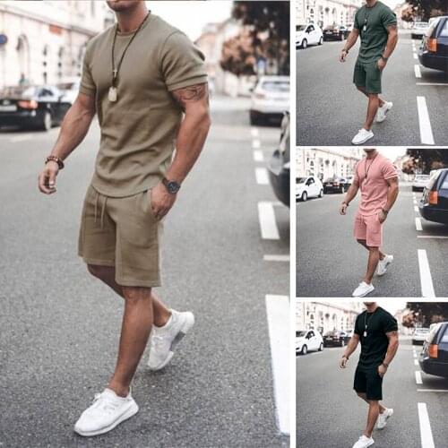 Mens Casual Cotton Short-sleeved T-Shirt Shorts 2-piece Suit 2021 Summer Mens Suit Cotton Fabric Casual Sportswear Slim