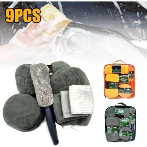 9pcs Car Cleaning Towel Kit Microfiber Car Wash Towel Super Absorbent Detailing Waxing Pads Tire Brush Cleaning Sponge
