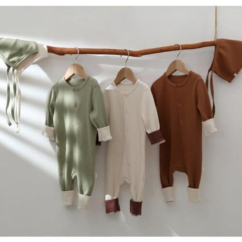 Autumn Fall Infant Baby Rompers 2021 New Korean Fashion Long Sleeve Soild Color Jumpsuits Toddler Girl Boy Clothes With Cute Hat