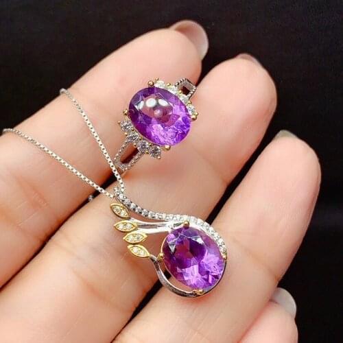 Sterling Silver Necklace&Ring 2pc set Pure Natural amethyst pendant Fine Jewelry For Women Wedding Engagement Fashion Accessorie