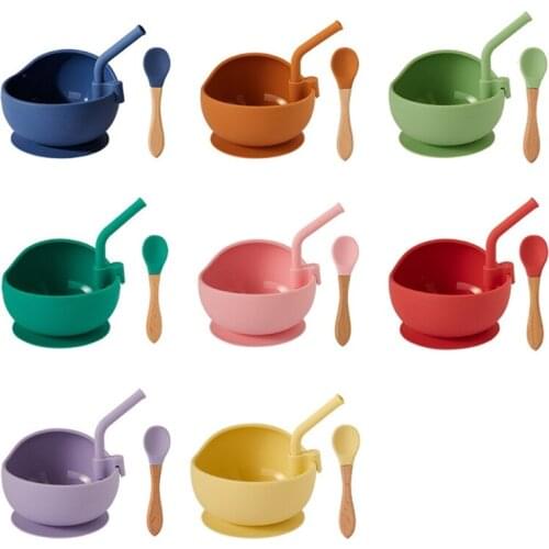 1 Set Baby Silicone Dinner Plate Sucker Bowl with Straw Spoon Set Anti Slip Suction Dish Training Feeding Tableware for Toddler