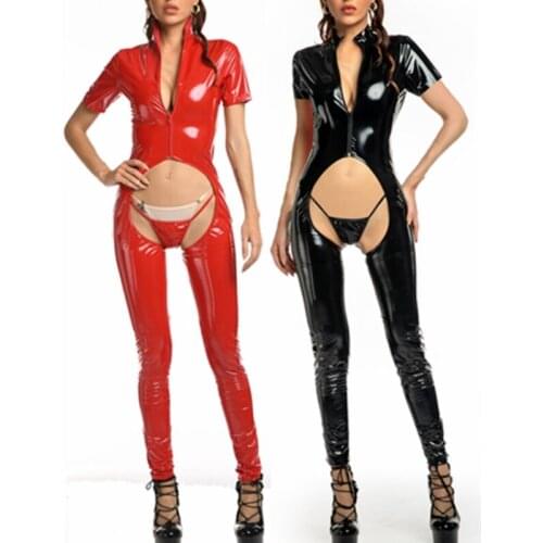 Sexy Hot Women Faux Leather Catsuit PVC Latex Bodysuit Hollow Back Open Crotch Jumpsuits Stretch Bodystocking Erotic Costumes