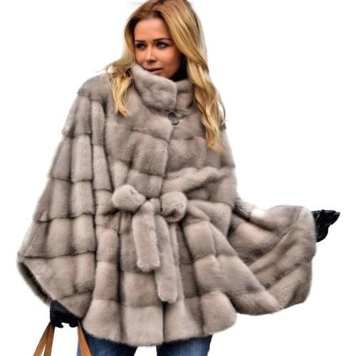 TOPFUR Real Mink Fur Womens Coat Bat Type Gray Female Soft Fur Coat With Stand Collar Fashion Fur Coat Natural Fur