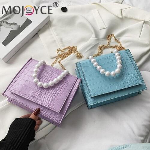 2021 Hot Vintage Small Purse Ladies Handbags Women PU Leather Alligator Pattern Shoulder Bag Pearl Chain Handbags