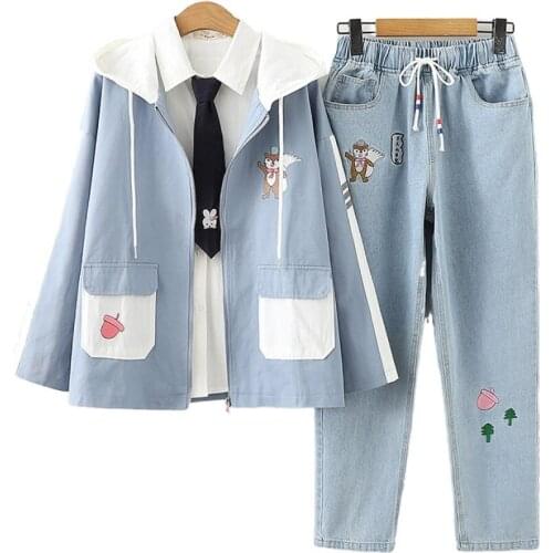Women Sets Cartoon Embroidery Zipper Jacket White Tie Blouse Elasticity Waist Knee Length Jeans Denim Pants 3 Piece Set Suits