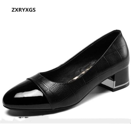 2020 New Top Cowhide Women Black Shoes High Heels Genuine Leather Large Size Soft Sole Comfortable Shoes Women High Heel Shoes