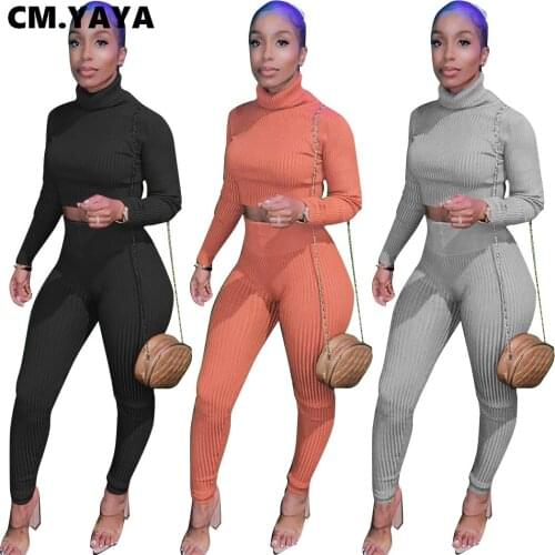 CM.YAYA Active Ribbed Sweatsuit Womens Set Turtleneck Mini Sweater Legging Pants Suit Tracksuit Two Piece Set Fitness Outfit