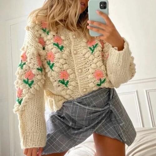 MosiMolly Handmade Flower Jacquard Knits Sweater Cardigan Women Pearl Button Pom Pom Loungewear Floral Cardigan Jumper Pullovers