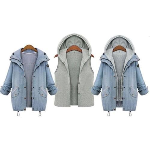 Women Two Piece Denim Coat Casual Set Denim Patchwork Vintage Coat Women Jacket Women Jacket Hooded Vest Oversized Coat Outwear