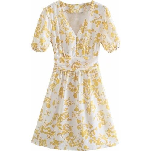 Evfer Women Fashion Floral Print Za Spring Summer High Waist Mini Dresses Chic Lady Casual V-Neck Short Puff Sleeve Yellow Dress