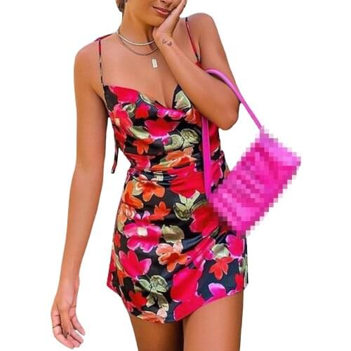 Women Sexy Slip Dress Red Floral Printed Pattern Deep V-neck Backless Elegant Mini Short Dresses Party Club