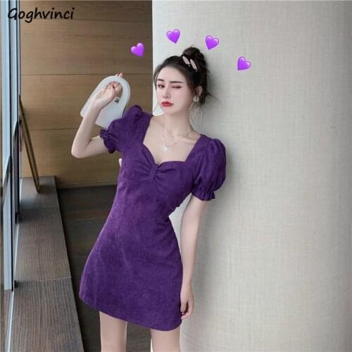 Short Sleeve Dress Women Corduroy Solid Puff-sleeve Vintage High-waist Body-con Mini Dresses Sexy Ladies Club-wear Stylish Chic