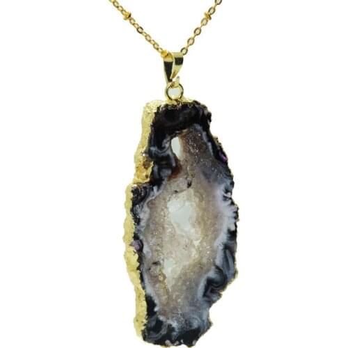 1pc Random Gold Bezel crystal quartz druzy pendant women necklace polish slab natural raw geode druzy stone necklace for girl