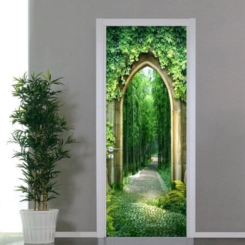 Green Forest Path Landscape Door Sticker 3D Living Room Study Home Decor Wallpaper 3D Door Mural PVC Waterproof Papel De Parede