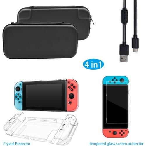 4 in 1 Kit Accessories for NintendoSwitch Portable Storage Bag Case Crystal Shell Tempered Glasses Film with USB Data Cable
