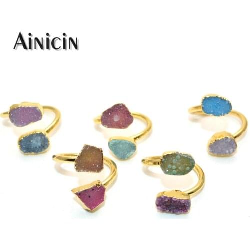 Natural Druzy Crystal Double Blue Pink Green Drusy Stone Gold Plating Open Size Adjustable Ring For Women Party Jewelry 5pcs