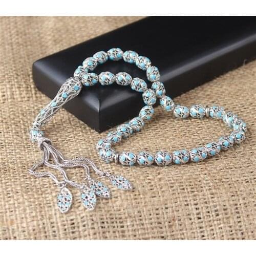 925 Sterling Silver Telcari Model Blue Zirconia 33 Piece Tasbih Special Design Islamic Gift, Masterwork Muslim Prayer Beads