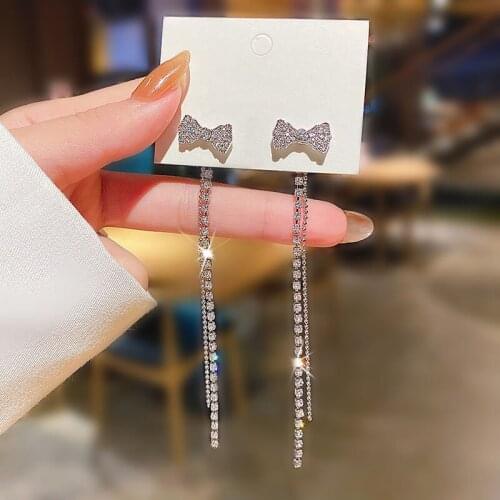 Shiny Rhinestone Bowknot Stud Earrings for Women Girls Fashion Korean Style Jewelry Long Chains Design 2020 New Pendientes C322